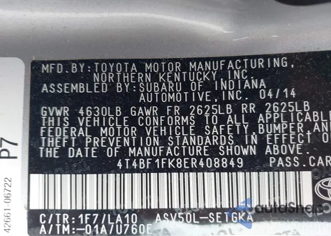 2014 Toyota Camry Xle from USA, damaged, VIN 4T4BF1FK8ER408849